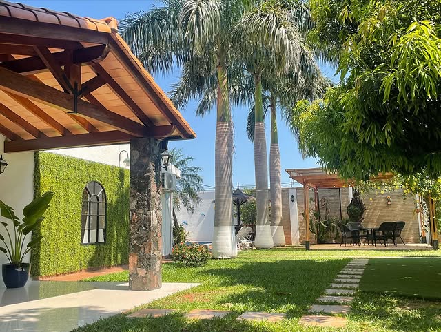 Jardín amplio con palmeras y muro vegetal